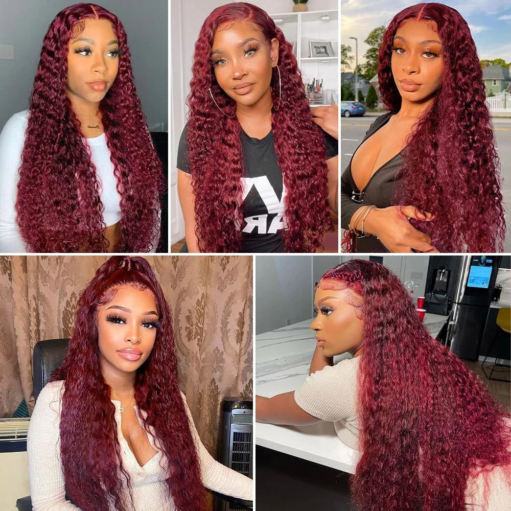 Red Wine 8 34 Inches Deep Wave 200 Density 13x4 99J Burgundy Lace Front Wig Brazilian HD Glueless Lace Frontal Human Hair Wig