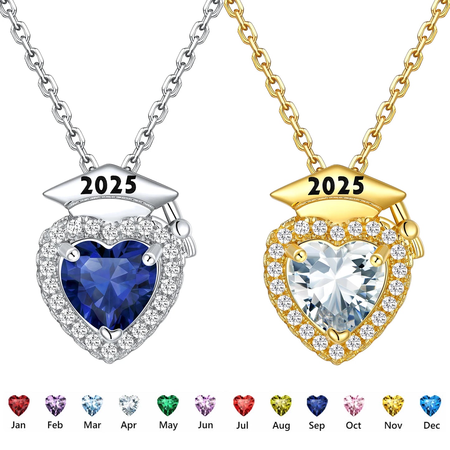 U7 2025 Graduation Necklaces for Women Bachelor Cap Clear White A+++ CZ Heart Birthstones Jewelry Gift for Daughter Girlfriend