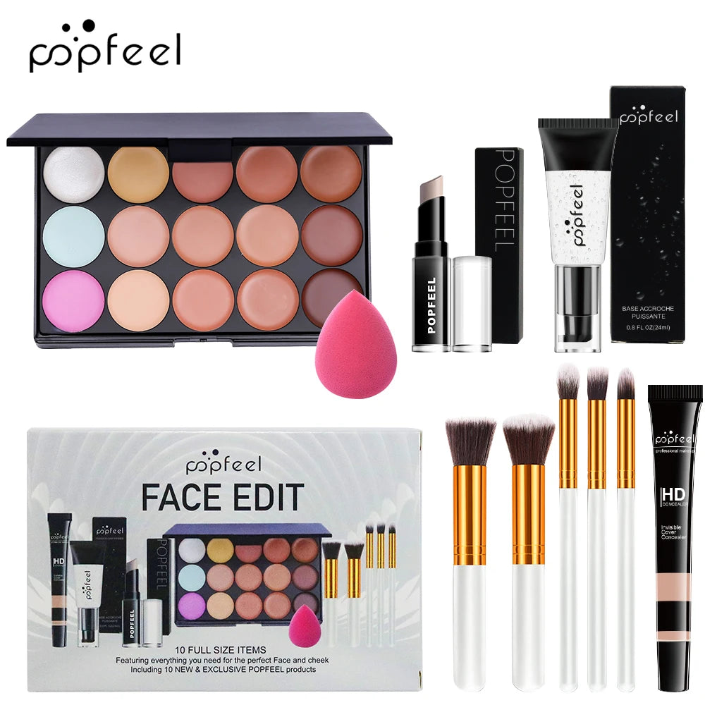 POPFEEL 10-Piece Face Makeup Set - Beginner-Friendly Foundation, Concealer & Brush Combo - Complete Face Makeup Kit for Flawless
