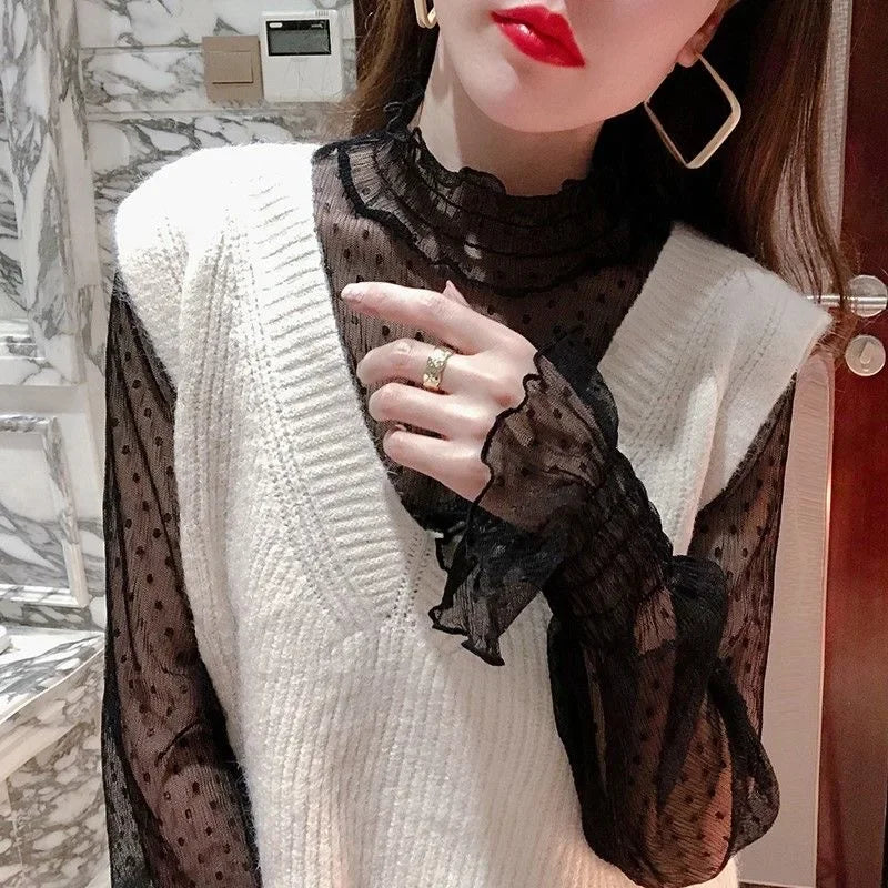 Women Sexy Mesh See Through T Shirt  Long Bell Sleeve Hollow Out Blouse Summer Transparent Sheer High Neck Bottoming Basic Tee