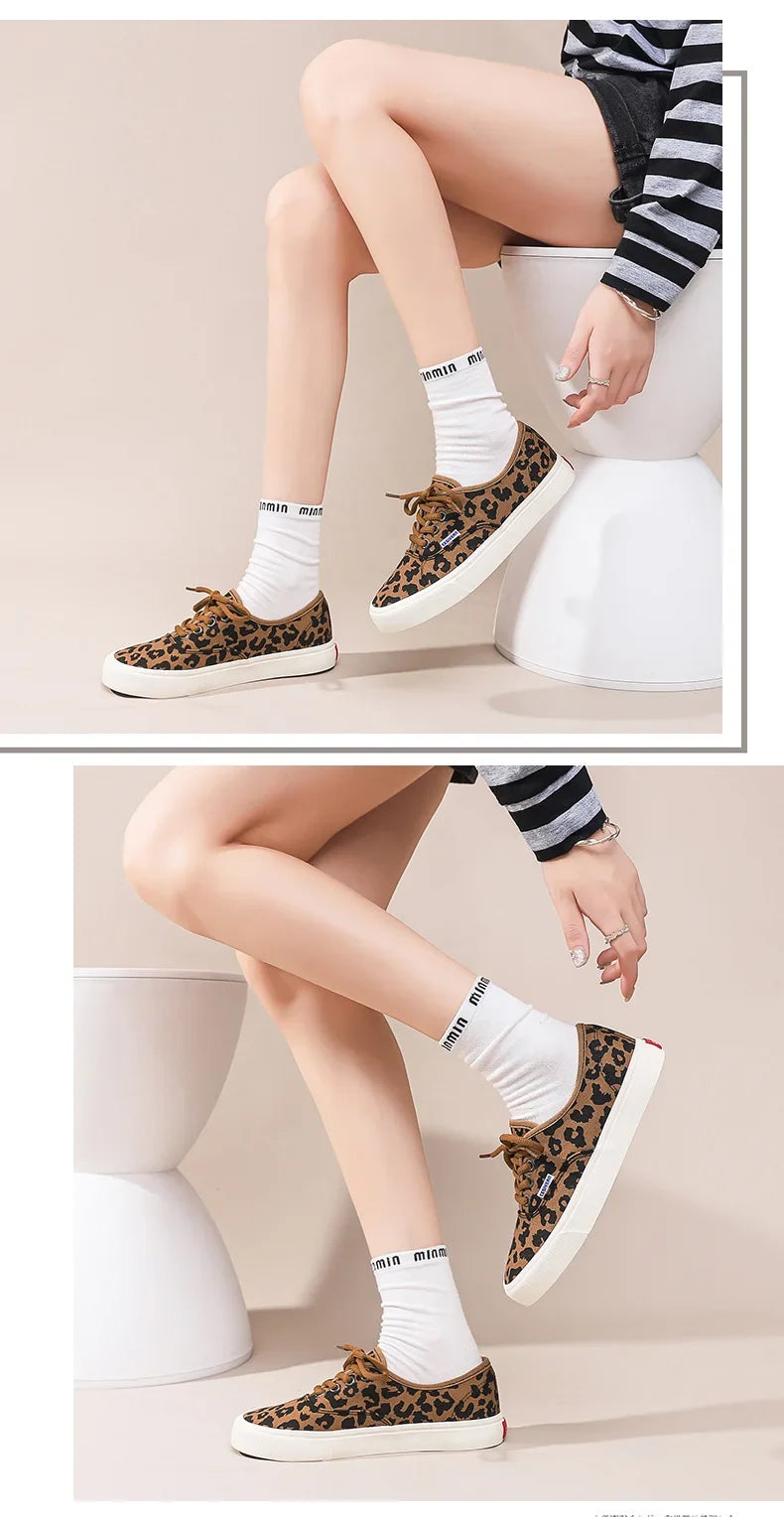 Retro Fashionable Canvas Shoes for Women Student Sports Casual Leopard Print Slip-On Sneakers Comfortable Cotton Lined Shoes