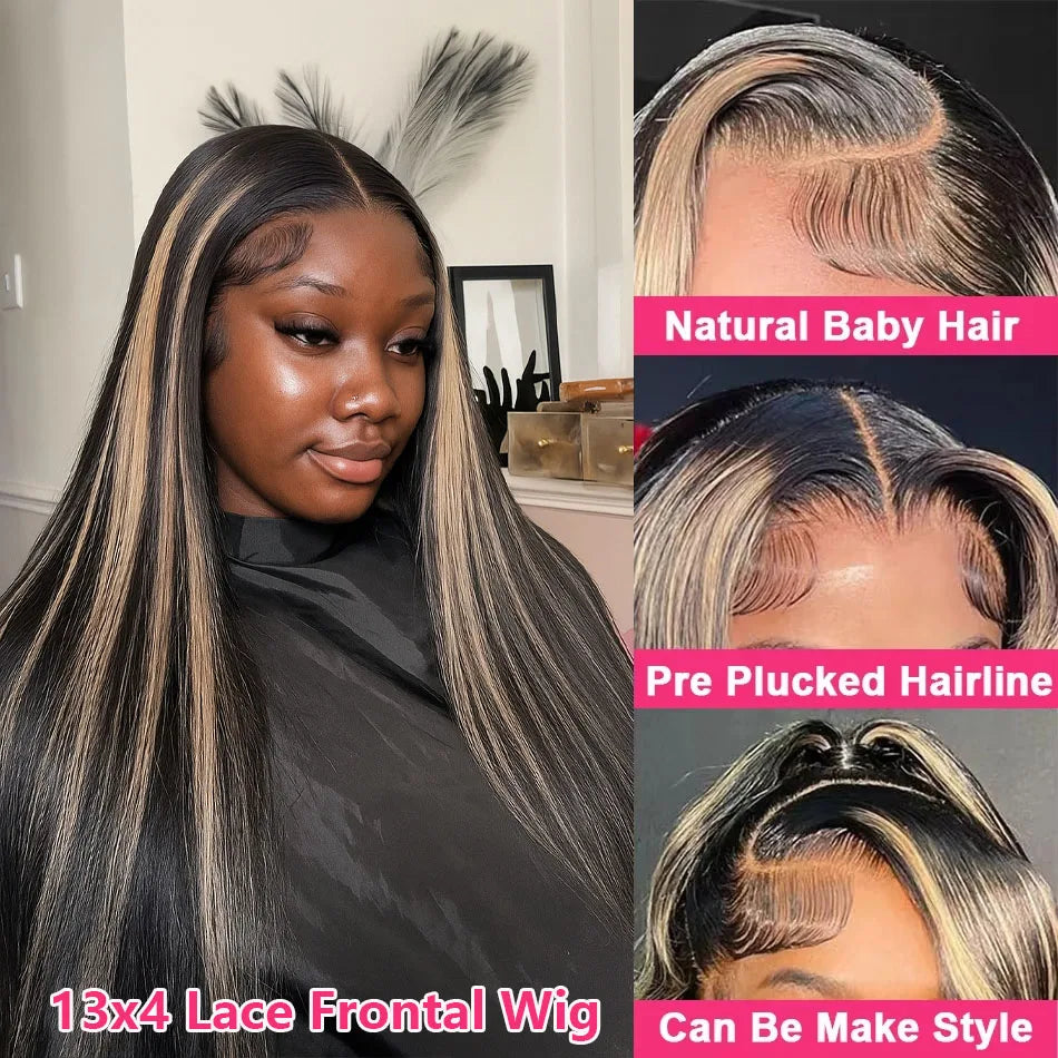 1B/27 Black and Blonde Highlights Bone Straight 13x4 HD Lace Front Human Hair Wigs 200% Brazilian Colored Lace Frontal Wig