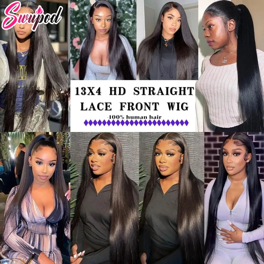 250% 360 Full Lace 13x6 HD Lace Frontal Wig for Women 13x4 Frant Silky Straight Remy Human Hair Dark Black Glueless Pre Plucked