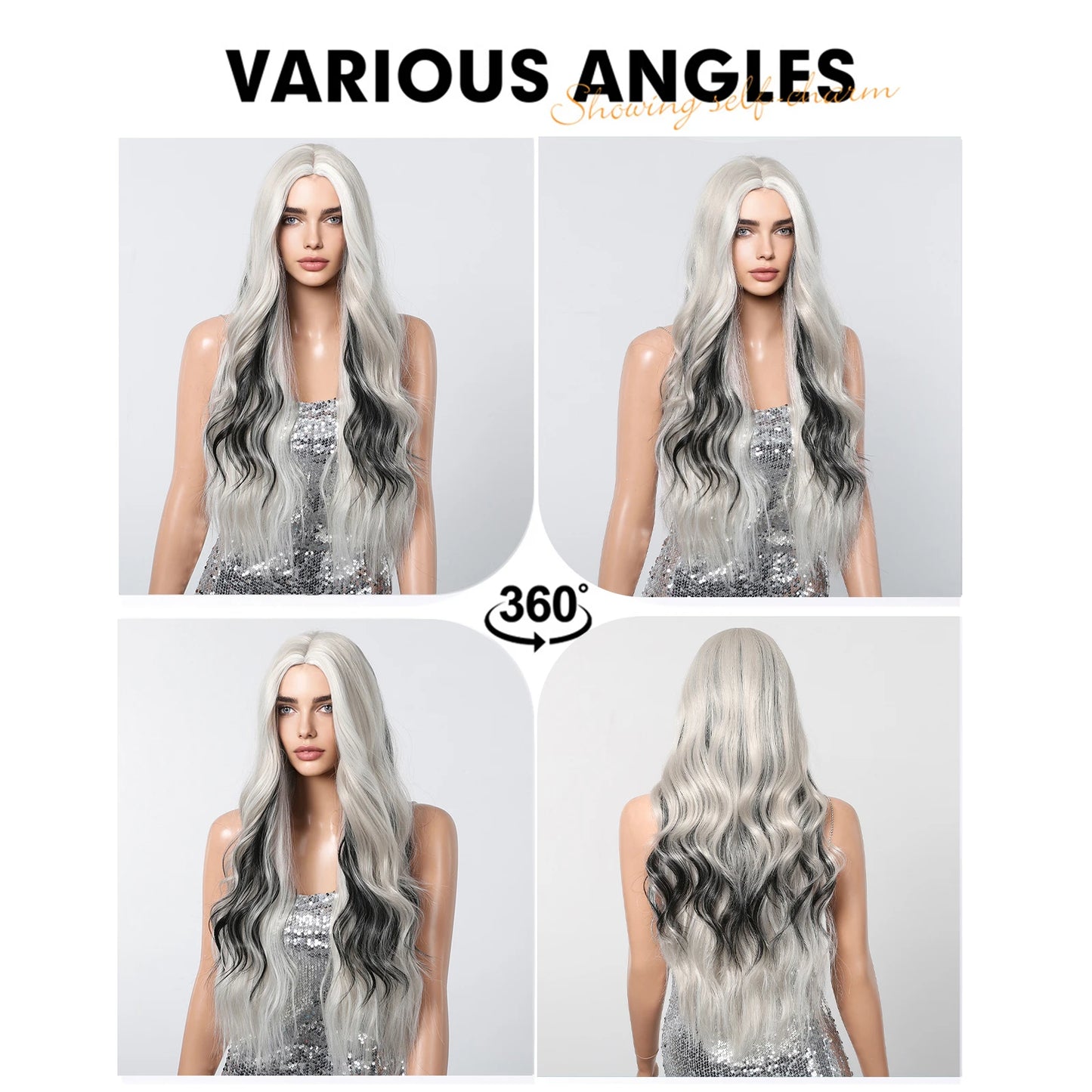 Super Long Wavy White Mixd Black Synthetic Wig Medium Part Water Wave Wigs For Women Daily Cosplay Halloween Colorfull Fake Hair