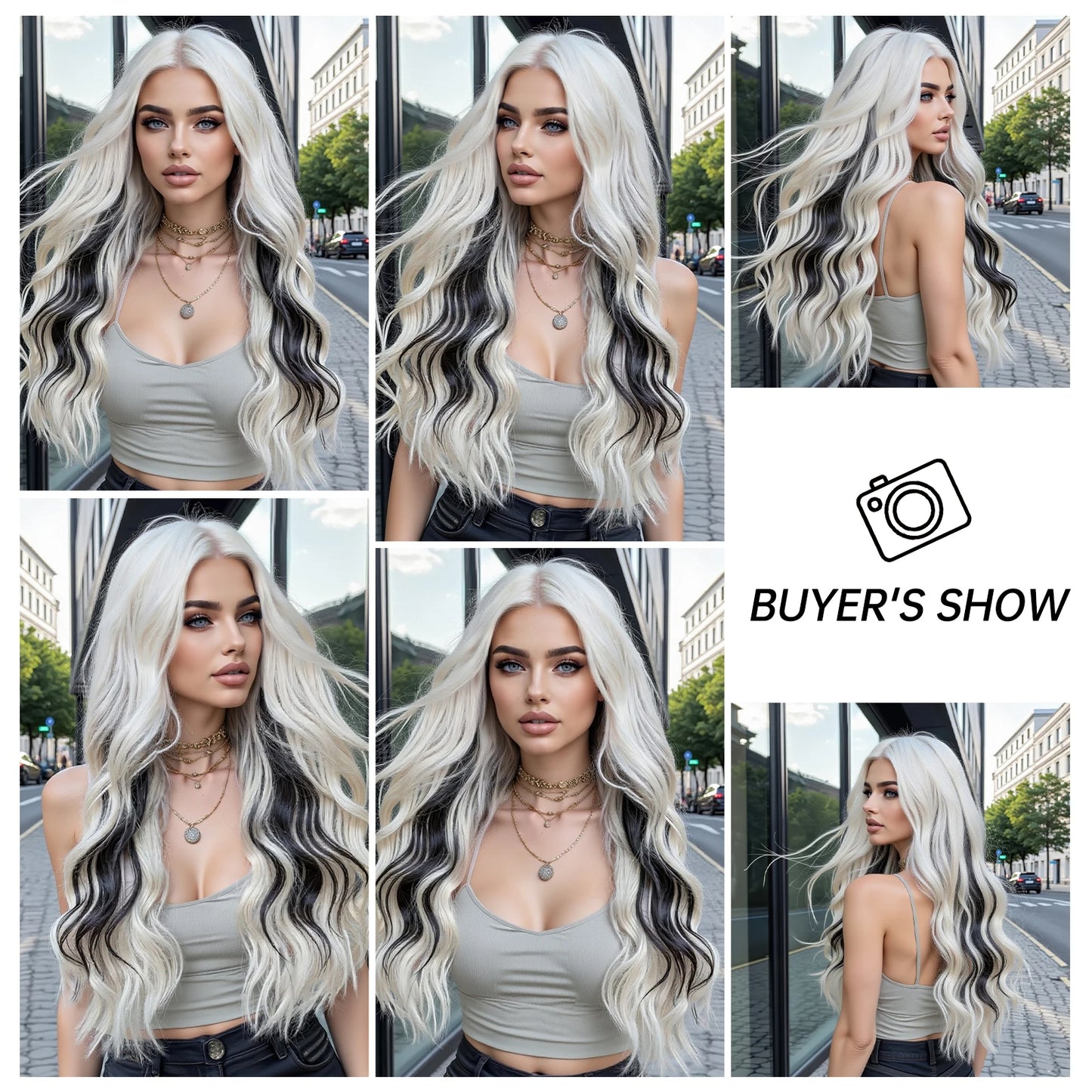 Super Long Wavy White Mixd Black Synthetic Wig Medium Part Water Wave Wigs For Women Daily Cosplay Halloween Colorfull Fake Hair