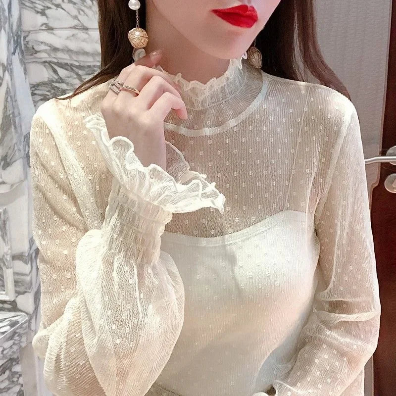 Women Sexy Mesh See Through T Shirt  Long Bell Sleeve Hollow Out Blouse Summer Transparent Sheer High Neck Bottoming Basic Tee