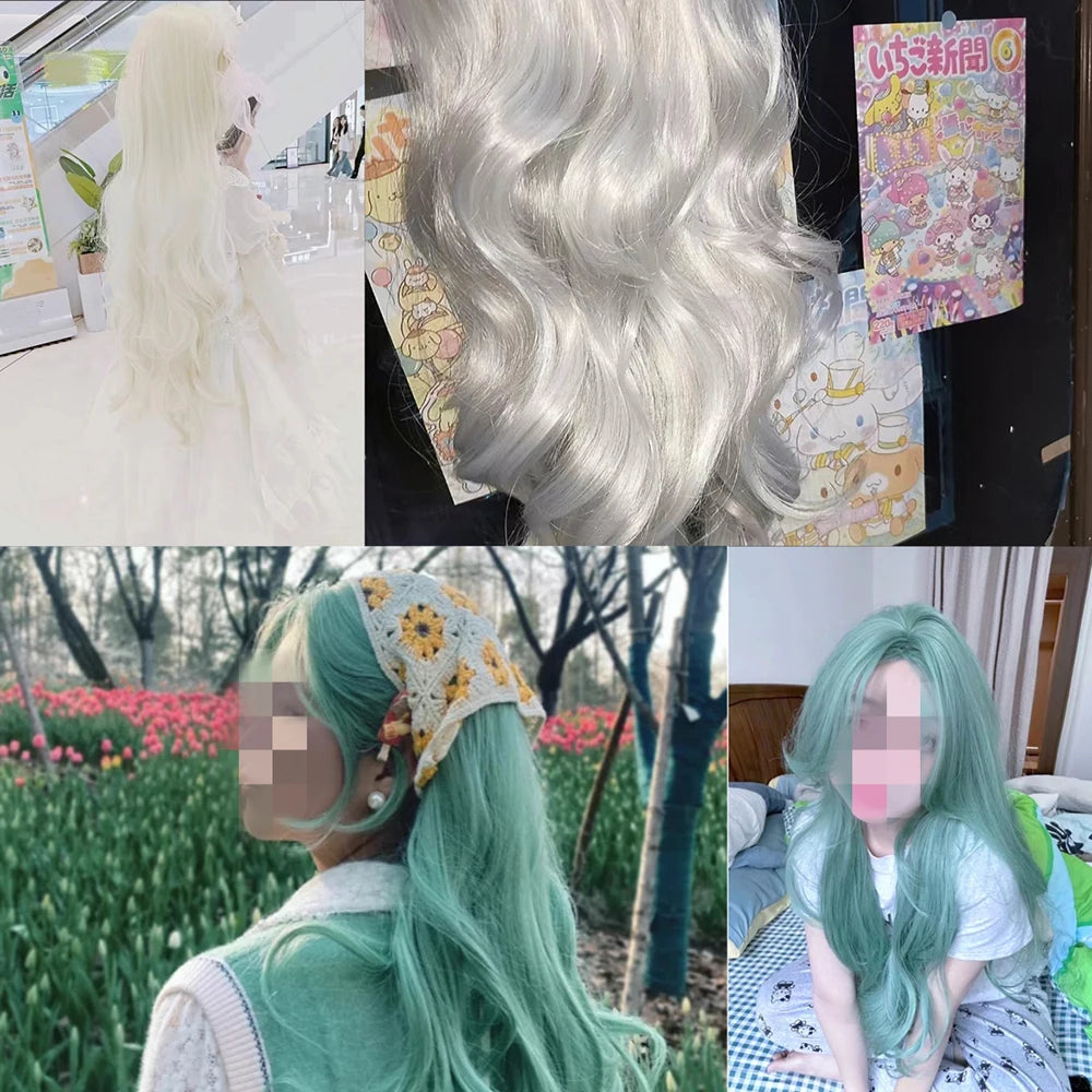 Diagonal Bangs Curly Long Wave Wig for Women Heat-resistant Fiber Synthetic Wig for Daily Cosplay