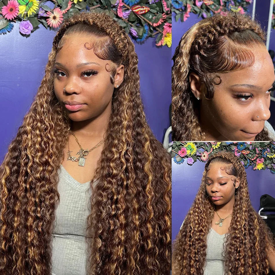 Curly Colored Highlight Wigs Human Hair Deep Wave 13x6 Hd Lace Frontal Wig 18 36Inch 4/27 Ombre Brown Blonde Lace Front Wigs