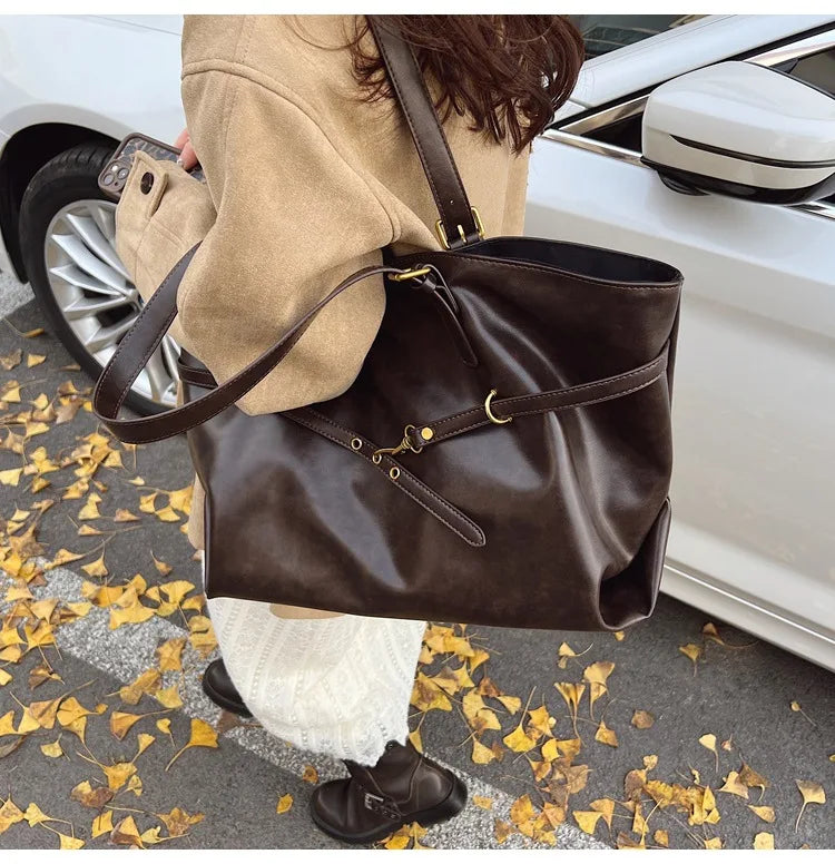 Large Capacity Winter Lady Shoulder Bag Vintage Casual Girl Tote Bags Y2K Pu Leather Female Handbags Women's Commuter Bag Purse