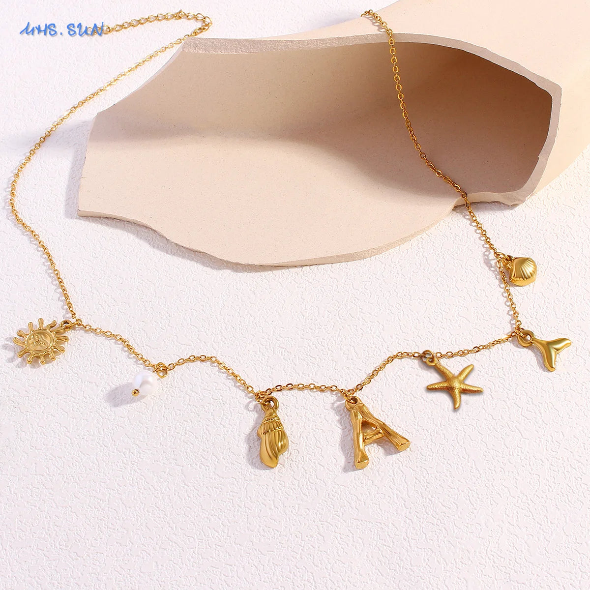 MHS.SUN Starfish Shell Initial Necklace Waterproof 18K Gold Plated Stainless Steel Charm Necklaces Surfer Girl Summer Beach Gift