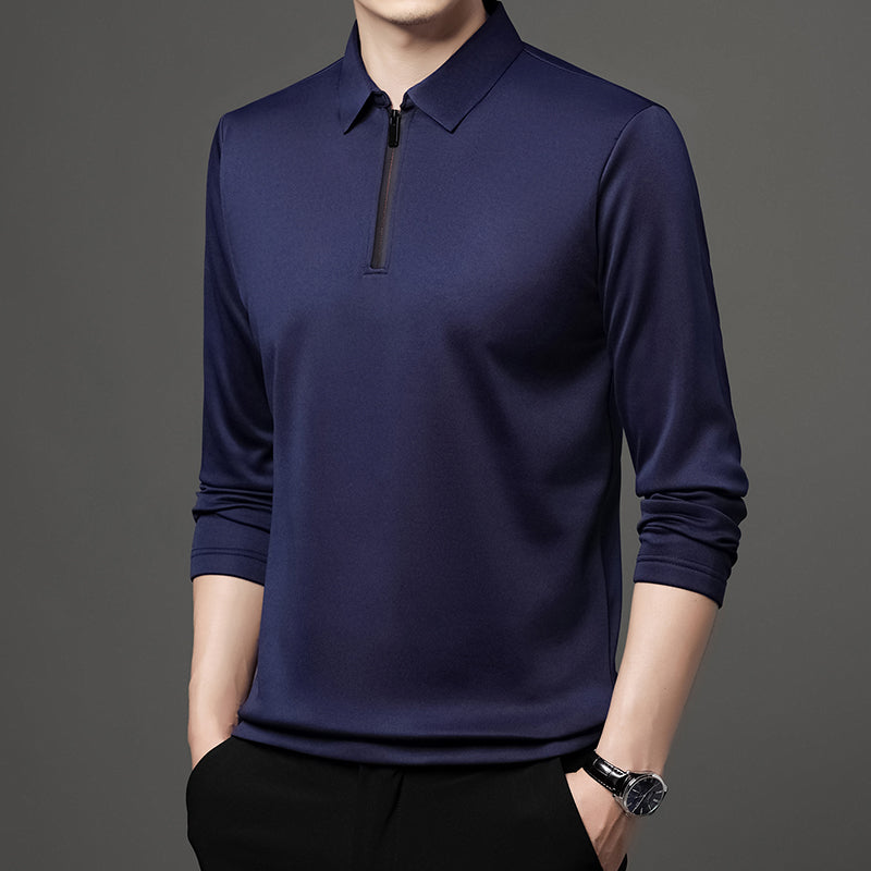 New T Shirt Zipper Polo Shirt Male Fashion Turn-Down Collar Long Sleeve Business Men Clothes