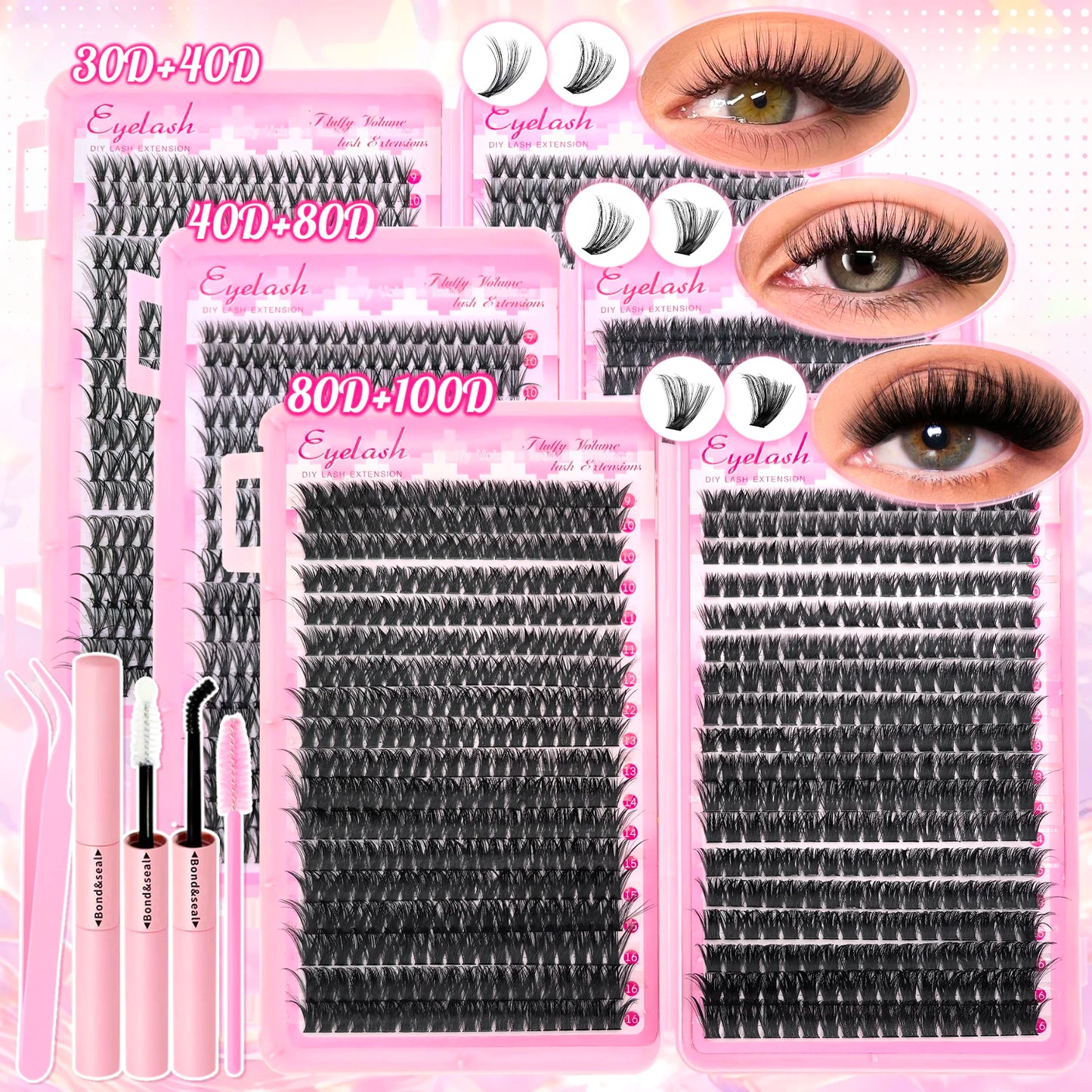 DIY Lash Extension Kit 720pcs Lash Clusters Individual Eyelashes Kit with Lash Bond and Seal Wispy Natural Mange Lashes