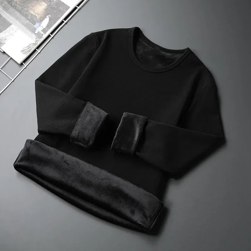 Men's Fleece Lined Thickened Long Sleeve T-Shirt round Neck Base Shirt Autumn Clothes Winter Long Sleeve Warm Underwear