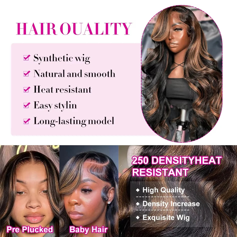 220 Density 30 Inch 1B/30 Black Brown Body Wave Lace Front Human Hair Wigs Colored Highlight 13x6 HD Lace Frontal Wig Human Hair