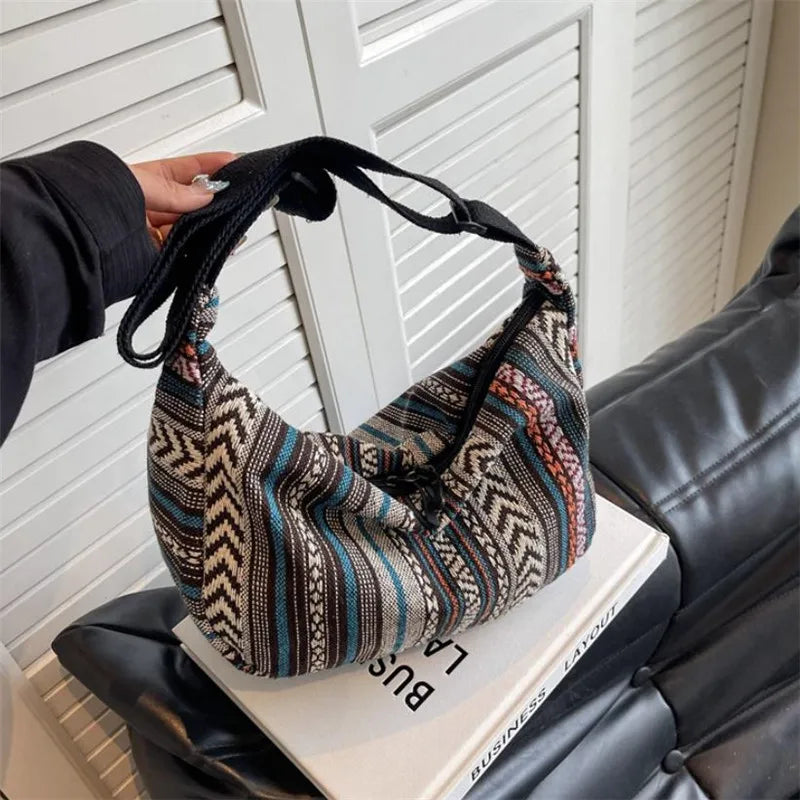 Tribal Style Shoulder Bag, Foldable Crossbody with Zipper Closure, Striped Pattern, Flag Theme Hand Washable Edge Painted Lining