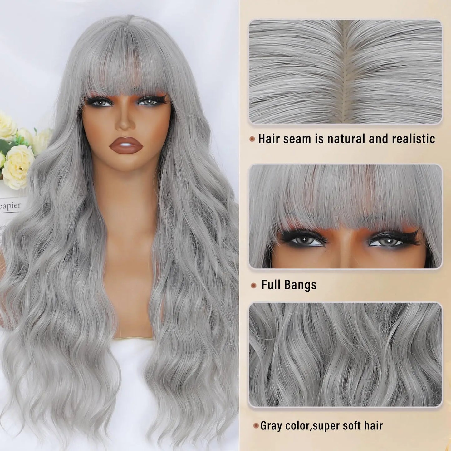 Gray long curly hair synthetic wig with big waves, Halloween cosplay wig, daily wig, high-temperature hair fiber wig set