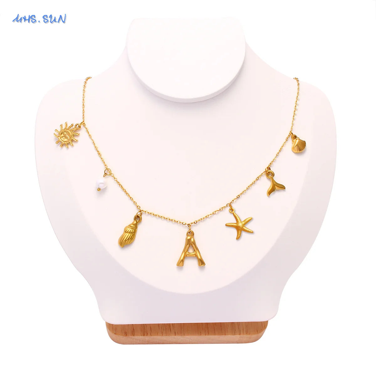 MHS.SUN Starfish Shell Initial Necklace Waterproof 18K Gold Plated Stainless Steel Charm Necklaces Surfer Girl Summer Beach Gift