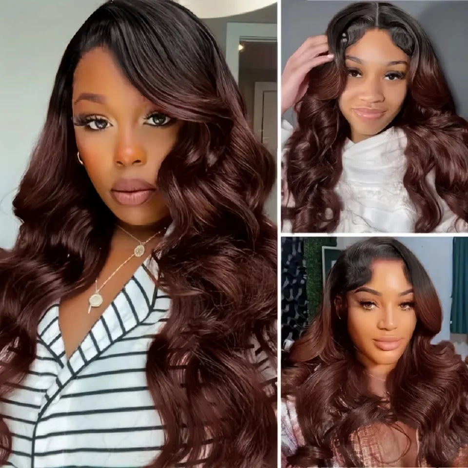 V Part Wig Ombre Reddish Brown Human Hair Remy Raw 28 30 Inch 250% No Glue Brazilian Loose Wavy V Part Human Hair Wigs for Women