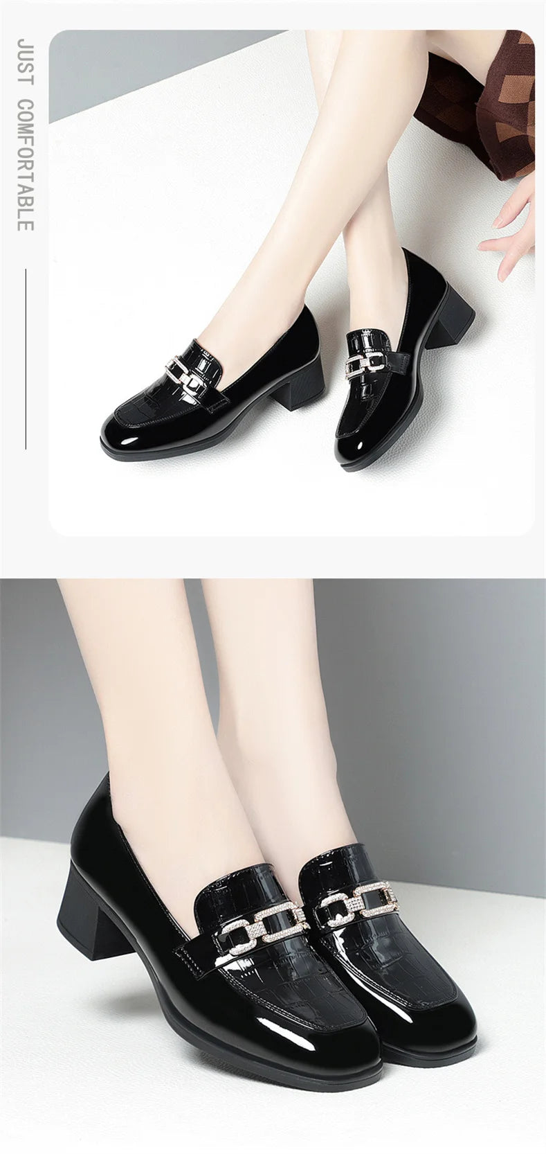Spring Autumn Ladies Pumps Shallow Shoes Patent Leather Soft Sole Crystal High Heels  Loafers Fashion Breathable Single Shoe