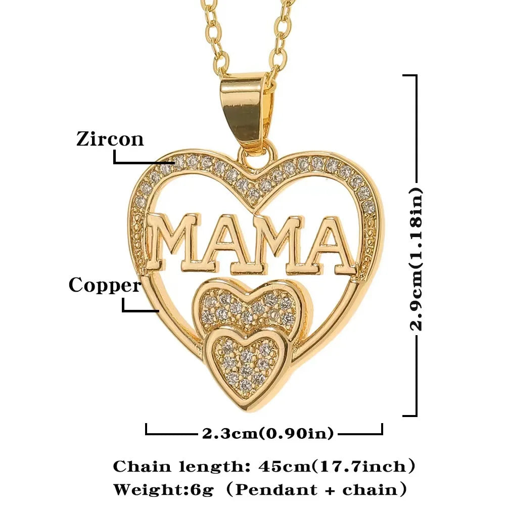 WLP 2025 Elegant Mother's Day Gift Heart Pendant MAMA Necklace for Women MOM Luxury Rhinestone Aesthetic Neck Necklace Jewelry