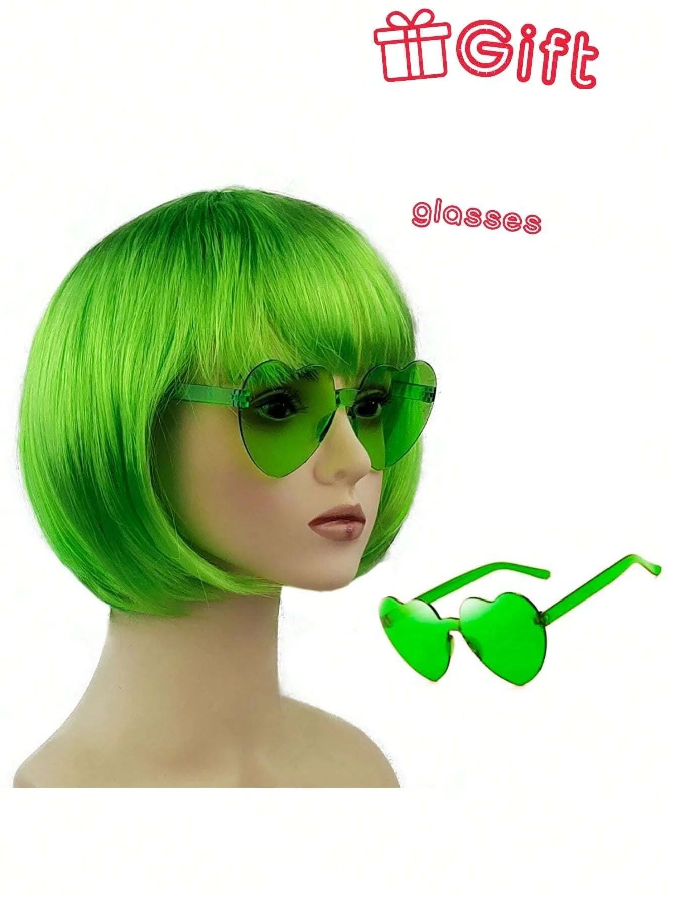 Halloween Party Prop Colorful Short Straight Bobo Wig, Funny & Novelty, With Free Frameless Heart-Shaped Sunglasses