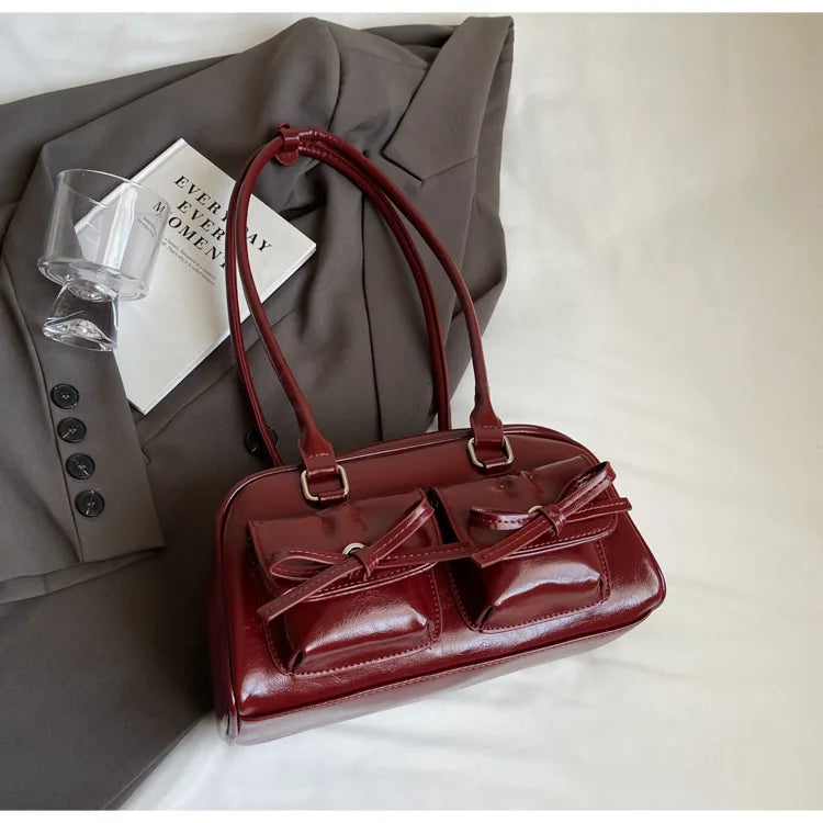 Vintage Women Business Shoulder Bags Simple Ladies Commute Tote Bag Pu Leather Female Underarm Bag Burgundy Large Handbags Purse