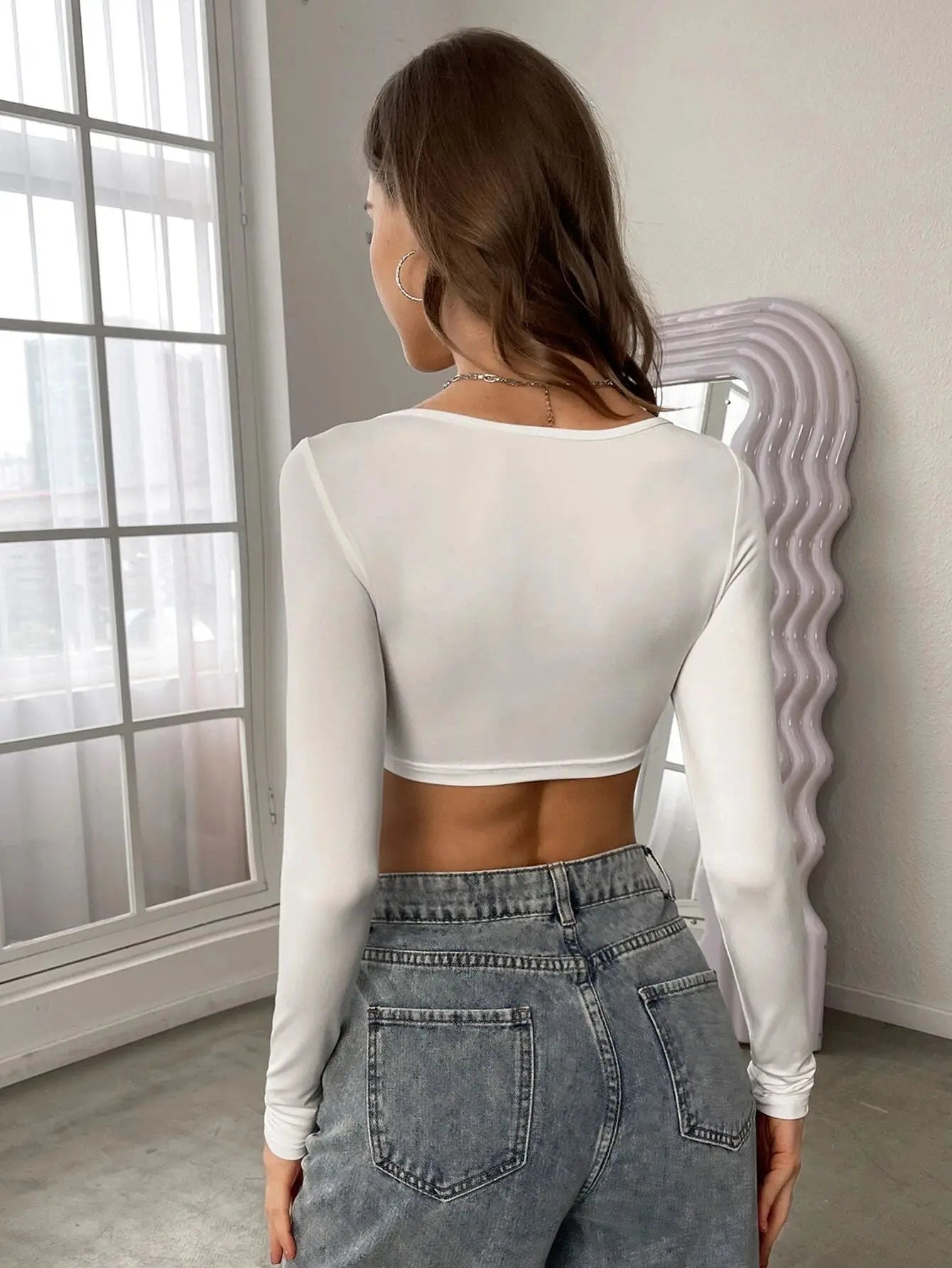 White T Shirt Long Sleeve Sexy Crop Top Womens Y2k Clothes Summer Autumn Corset Knitted Elastic Sport Short T-shirts for Women