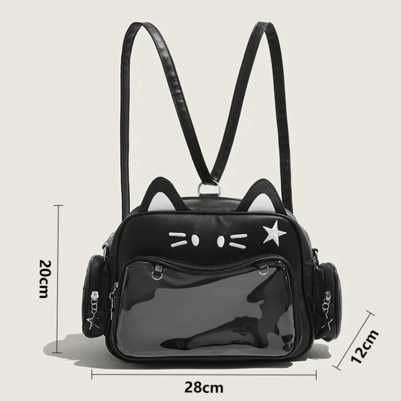 Women's Fashion Backpacks Y2K Korean Japan Kawaii Cat Ita Bag PU Cute Girls Transparent Pocket Aesthetic Shoulder Crossbody Bags