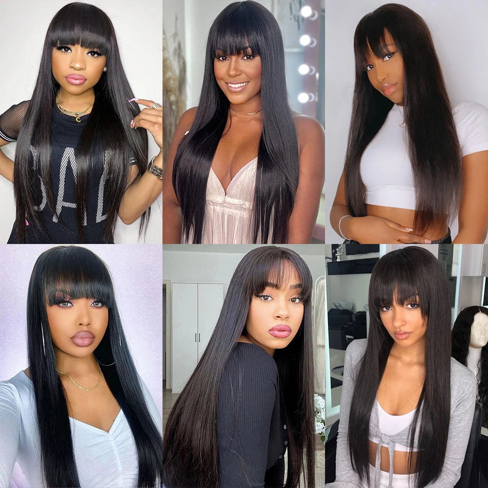 100% Human Hair Wigs Wear Go Glueless Straight Wig With Bangs Natural Black Color Straight Machine Made Wig with Fringe Bobbi