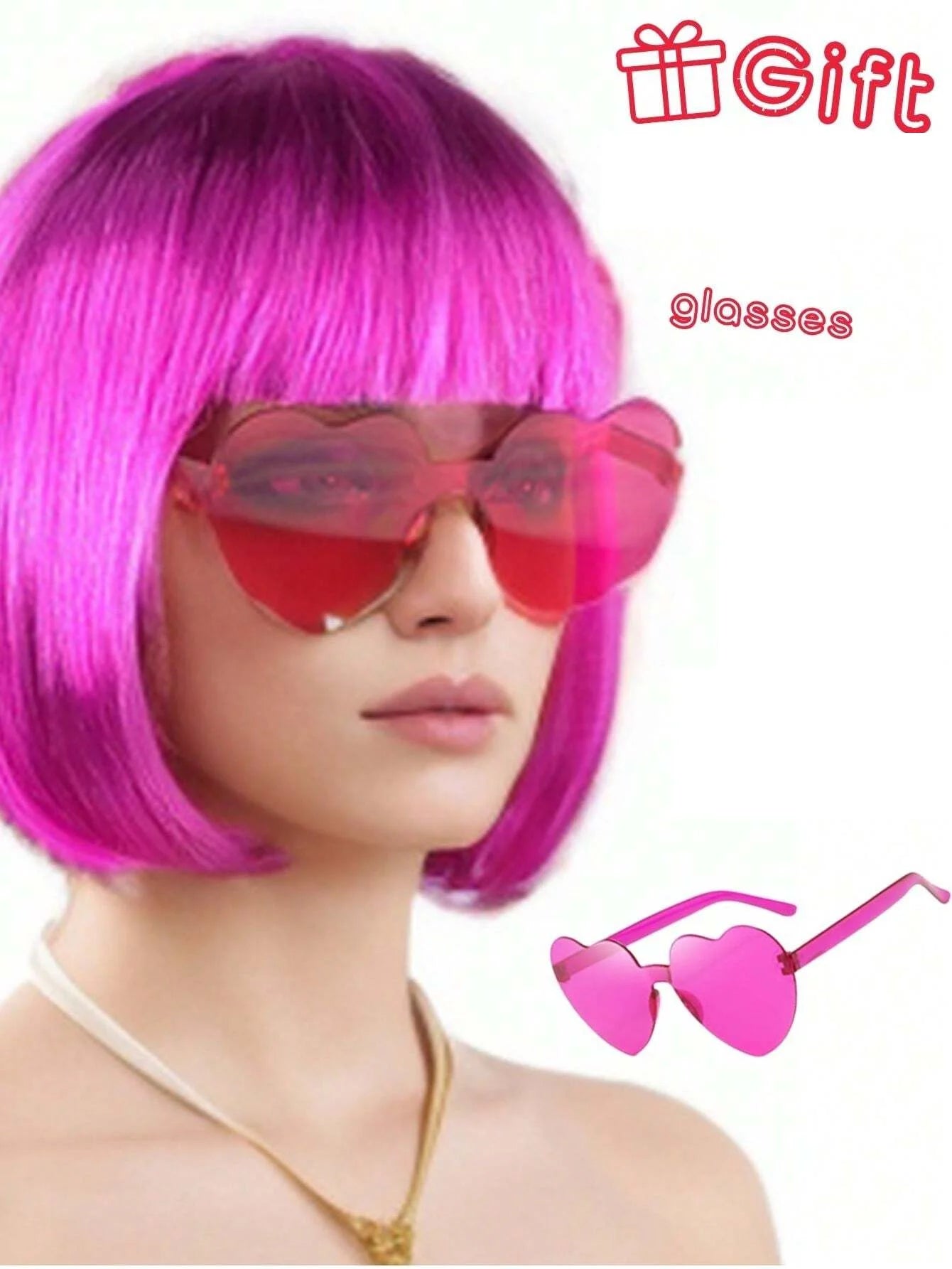Halloween Party Prop Colorful Short Straight Bobo Wig, Funny & Novelty, With Free Frameless Heart-Shaped Sunglasses