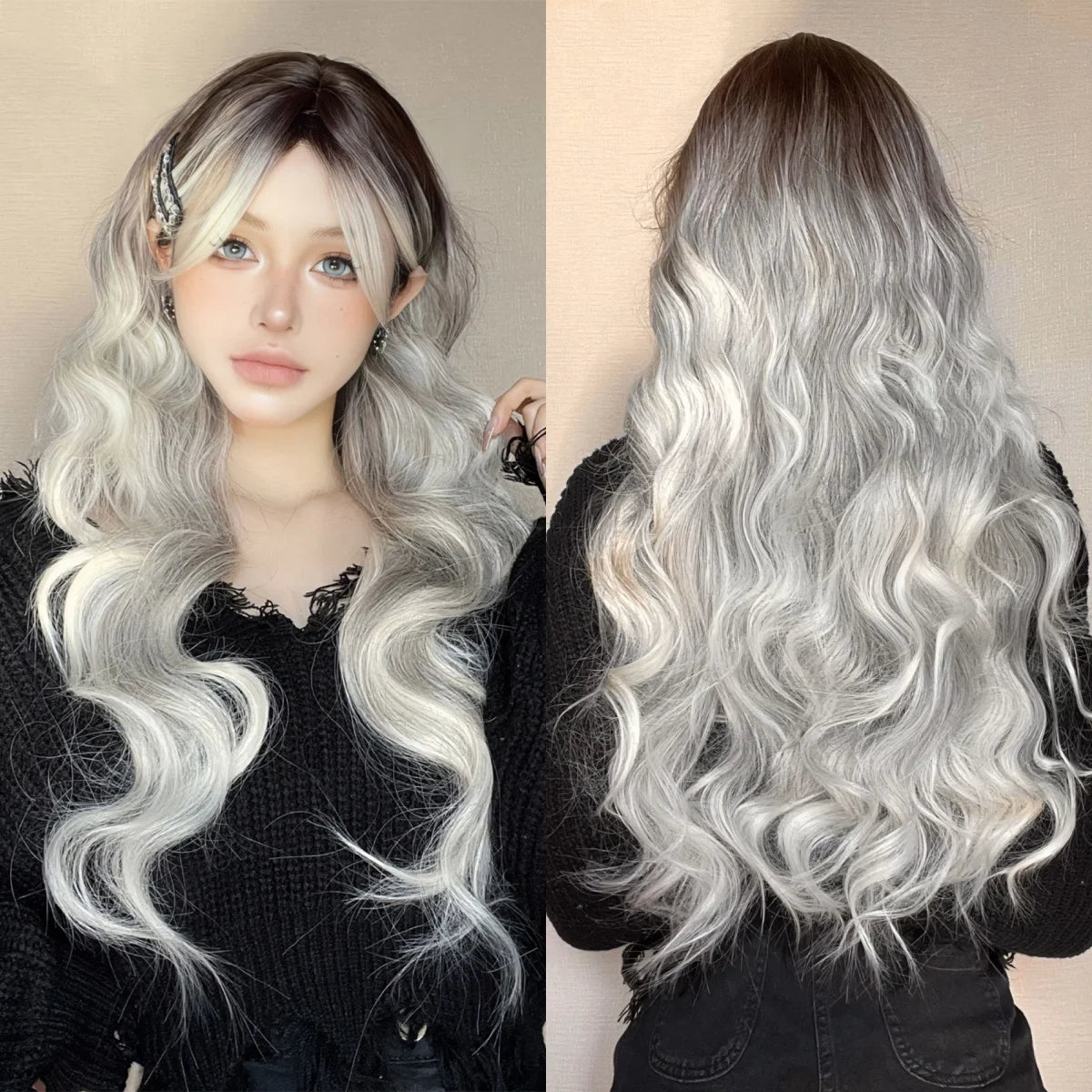 Super Long Wavy White Mixd Black Synthetic Wig Medium Part Water Wave Wigs For Women Daily Cosplay Halloween Colorfull Fake Hair