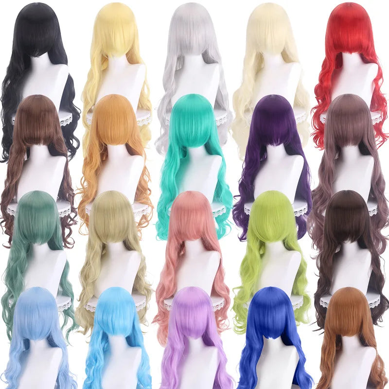 Diagonal Bangs Curly Long Wave Wig for Women Heat-resistant Fiber Synthetic Wig for Daily Cosplay