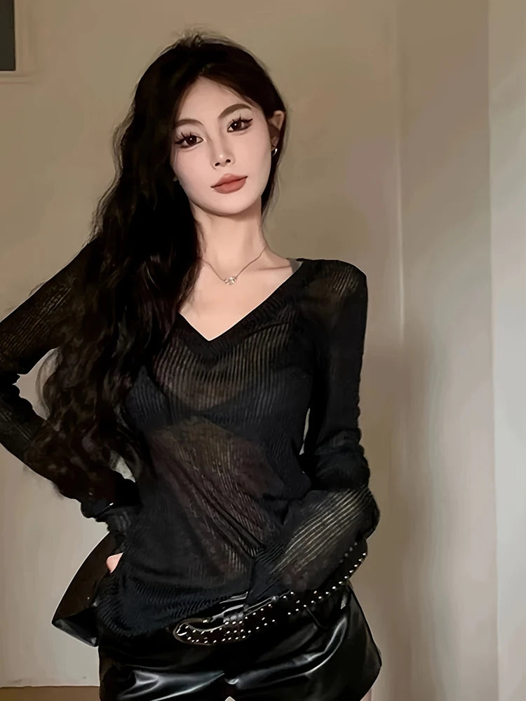 NUOMICI Sexy Gray Long-sleeve T-shirt Women V-neck Slightly Transparent Slim Fit Black Women's Top Korean Popular Clothes Chic