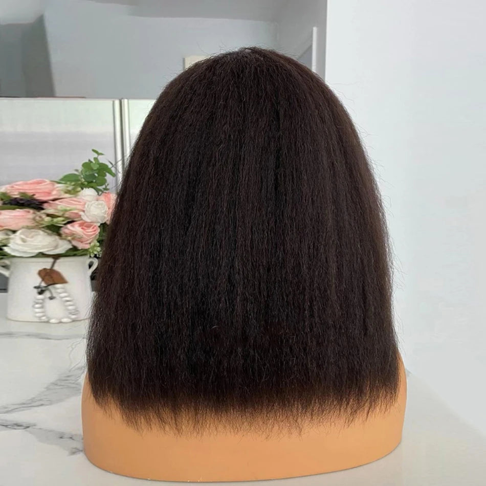 Kinky Yaki Straight Bob Lace Frontal Pre Cut Wigs 100% Human Hair Glueless Ready To Wear Short Bob HD Transparent Cheap Wigs
