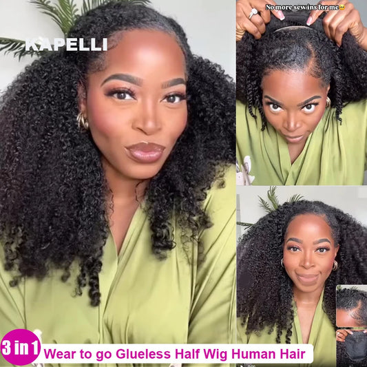 Half Wig Human Hair Kinky Curly Glueless Wig Human Hair Ready to Wear 3 IN 1 Half Wig With Drawstring 250 Density Curly Half Wig