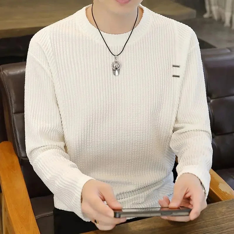 White Long Sleeve Men's T-shirt Pure Color Texture New Inner Wear Base Shirt Autumn Clothes Upper Clothes Fashion Brand