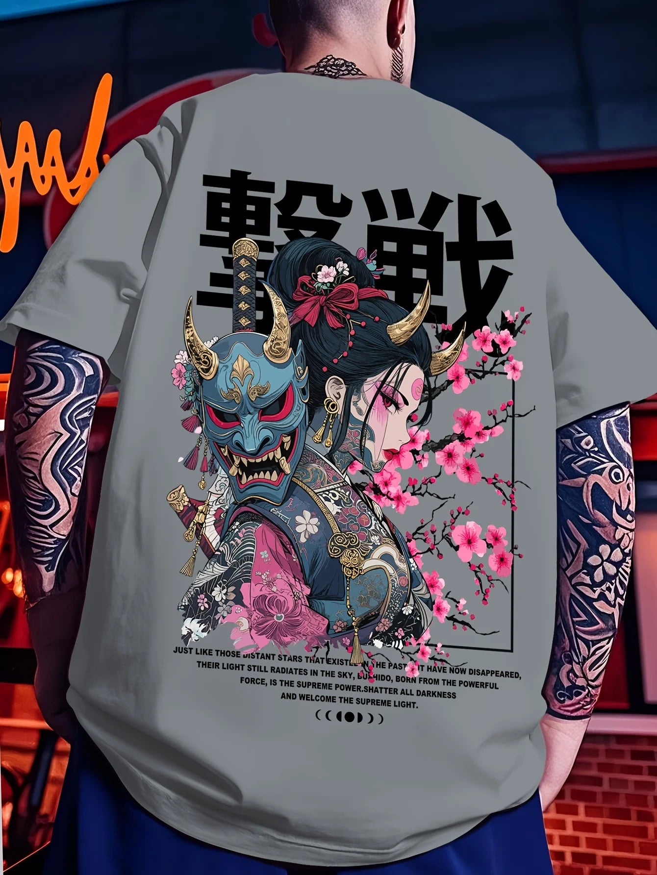 European and American men's summer ghost warrior cherry blossom print soft and breathable round neck T-shirt outdoor street top