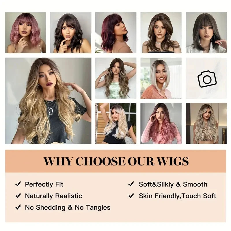 Elegant Curly Wave Ash Blonde Wig Synthetic Hair with Bangs Long Women Party Cospaly Wig 100% Tang Long  Heat Resistant Fiber