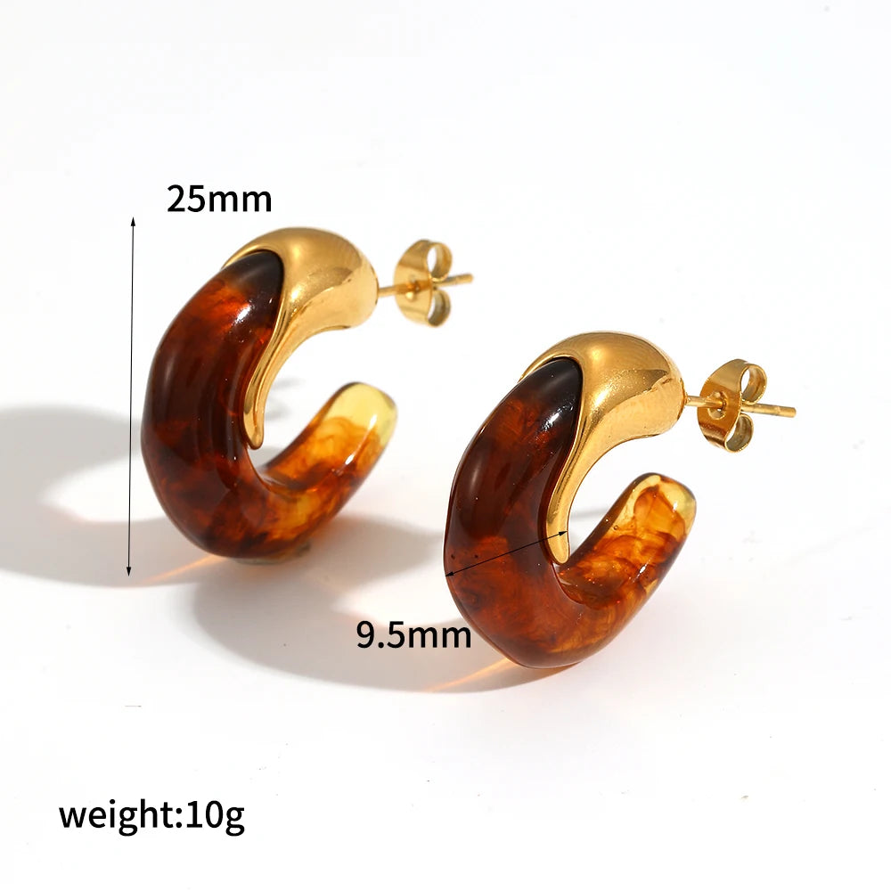 2025 New Design Brown Resin Geometric Shape Earrings Stainless Steel 18k Gold-plated Ear Studs for Women