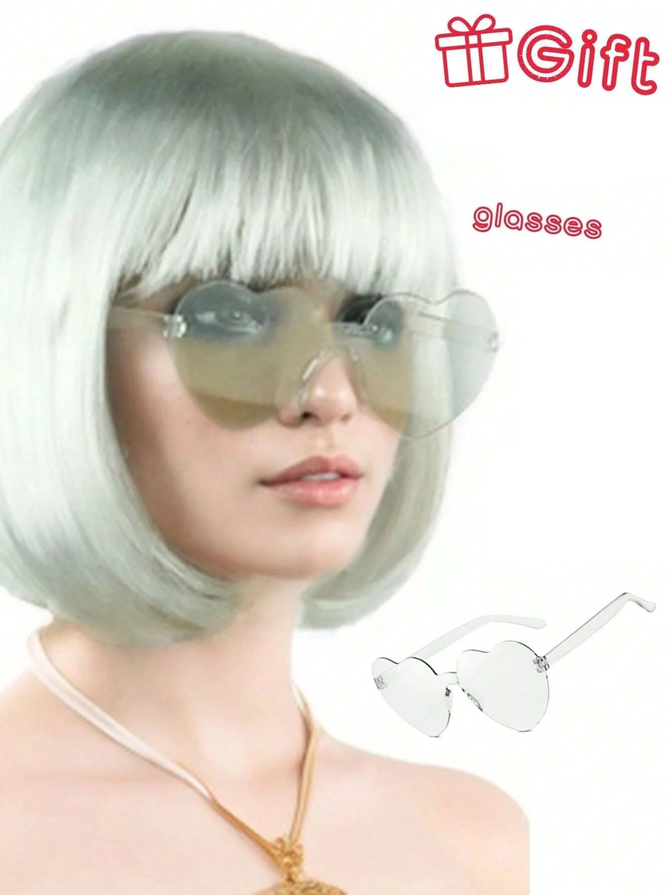 Halloween Party Prop Colorful Short Straight Bobo Wig, Funny & Novelty, With Free Frameless Heart-Shaped Sunglasses