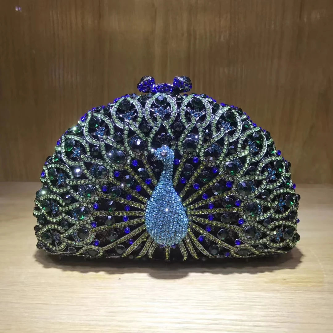 Women Peacock Animal Multicolored Clutch Bag Diamond Crystal Dinner Party Gala Handbag Wedding Bridal Birthday Gift Cute Purse