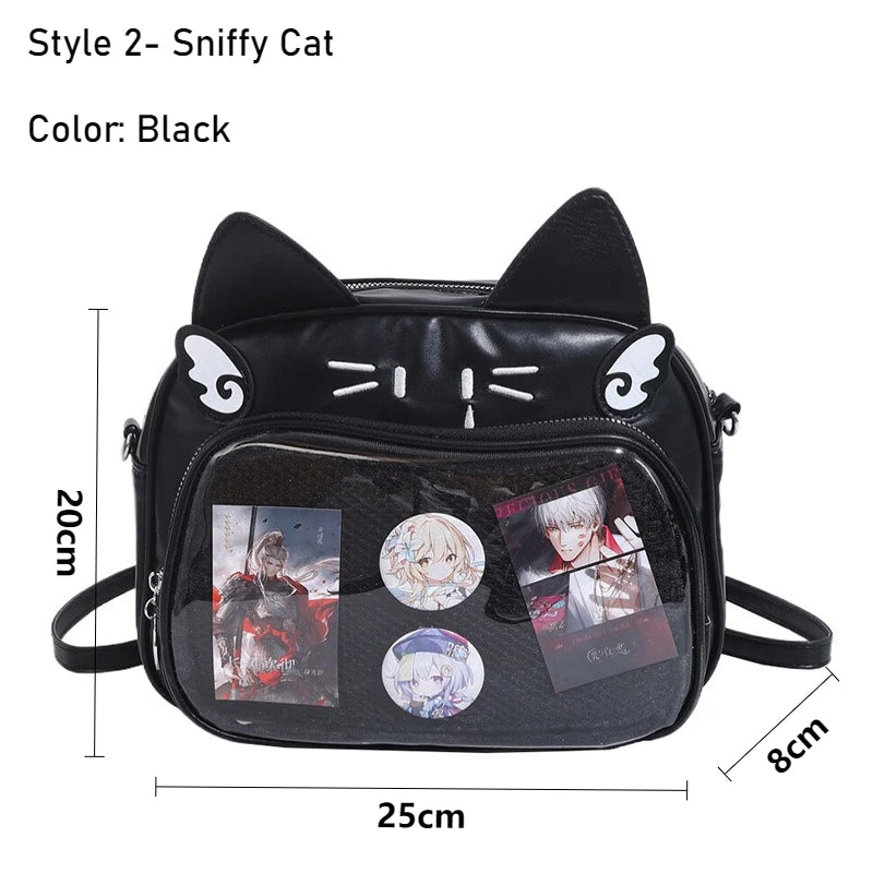 Women's Fashion Backpacks Y2K Korean Japan Kawaii Cat Ita Bag PU Cute Girls Transparent Pocket Aesthetic Shoulder Crossbody Bags