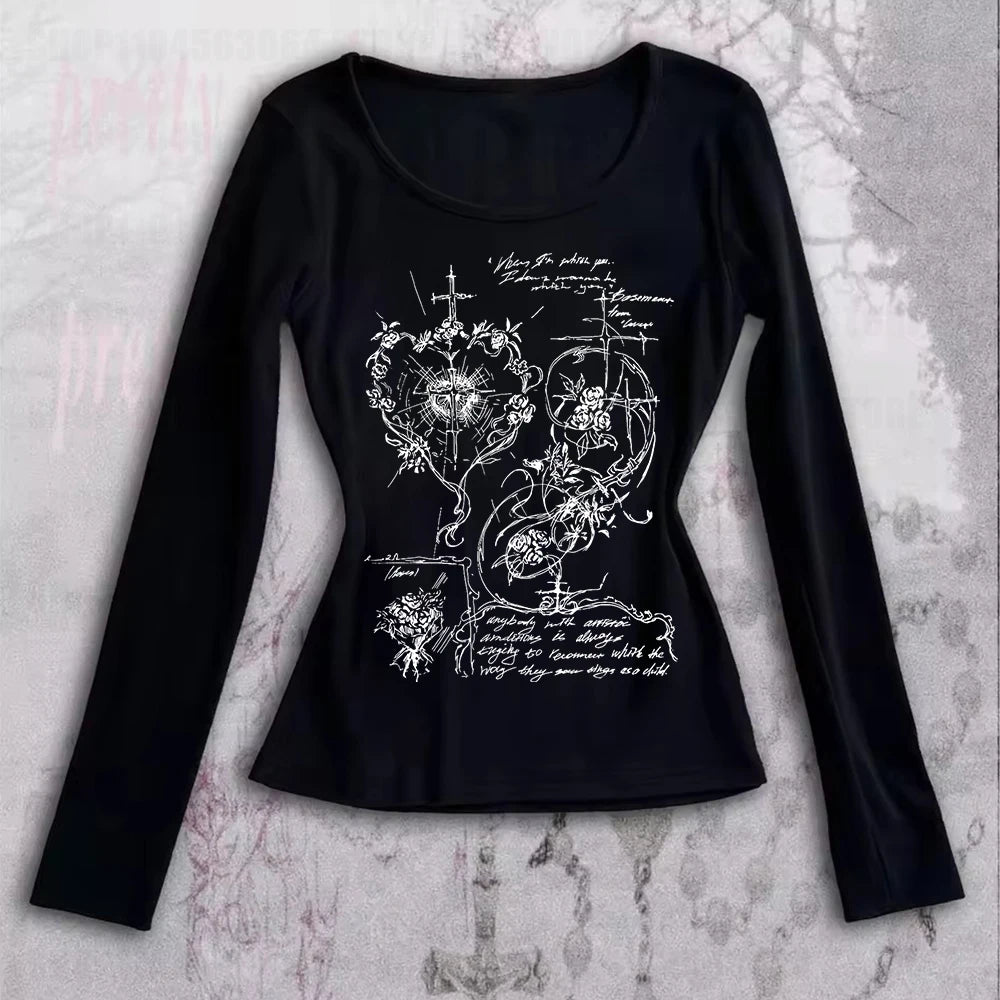 2k Fairy Grunge Graphic T-Shirts for Women E-Girls Goth Rib Long Sleeve Tee Tops Vintage Emo Clothes 2000s Retro Streetwear