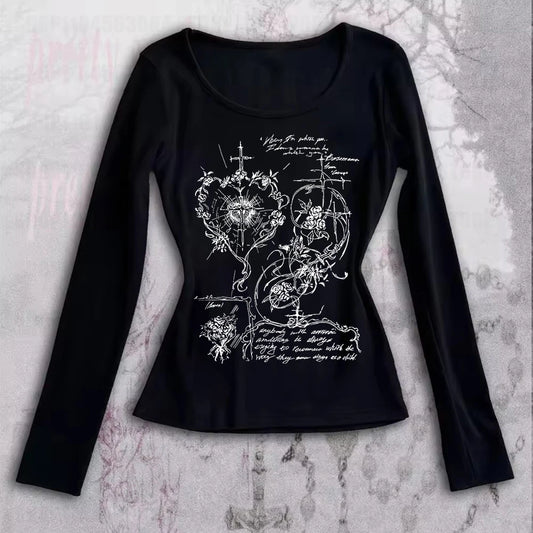 2k Fairy Grunge Graphic T-Shirts for Women E-Girls Goth Rib Long Sleeve Tee Tops Vintage Emo Clothes 2000s Retro Streetwear
