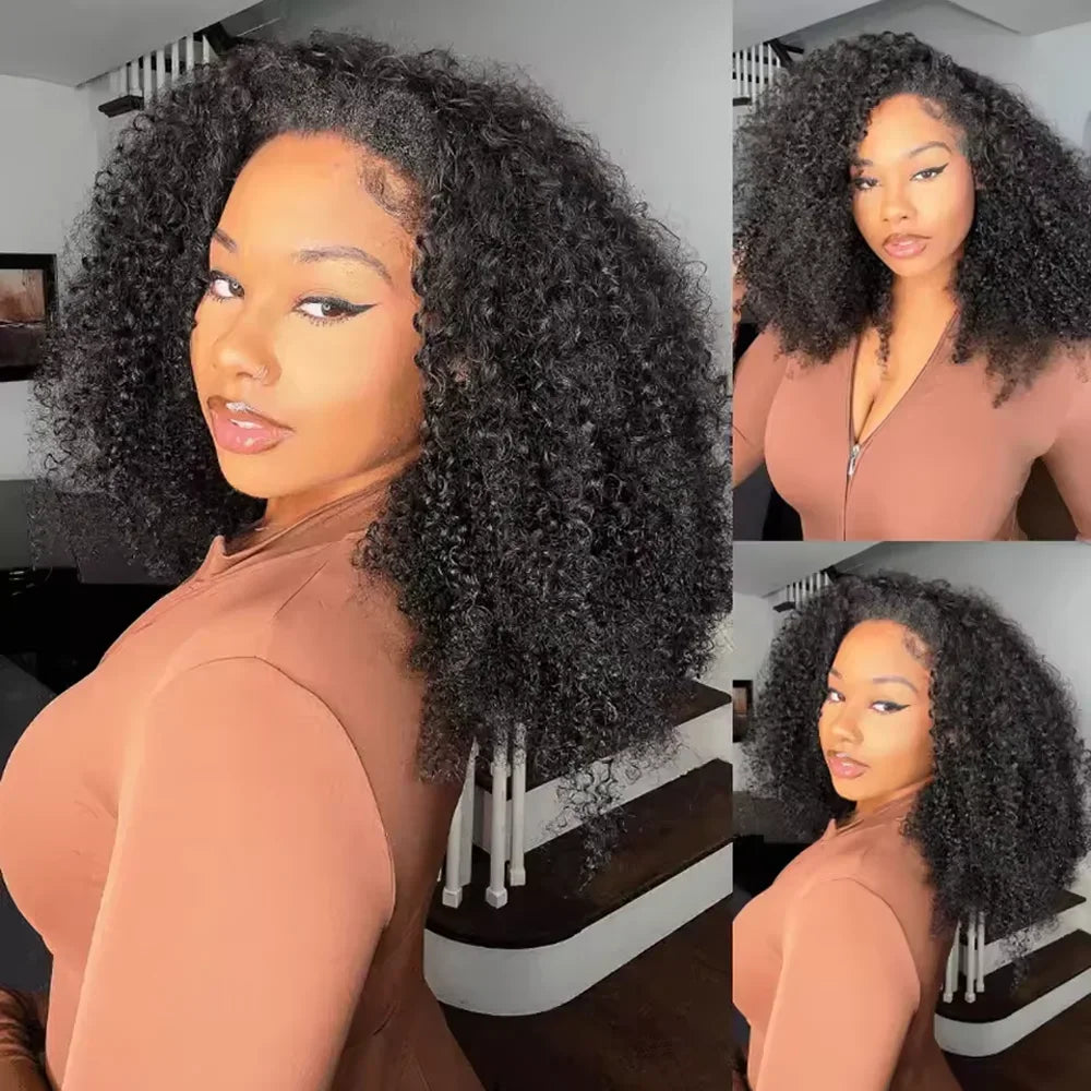 Half Wig Human Hair Kinky Curly Glueless Wig Human Hair Ready to Wear 3 IN 1 Half Wig With Drawstring 250 Density Curly Half Wig
