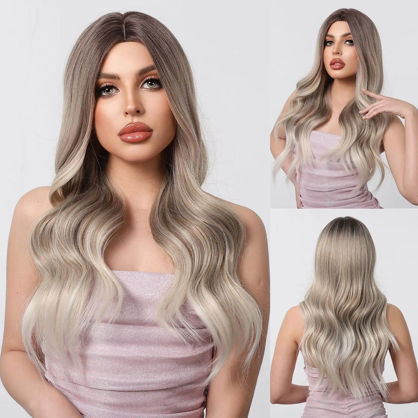 Super Long Wavy White Mixd Black Synthetic Wig Medium Part Water Wave Wigs For Women Daily Cosplay Halloween Colorfull Fake Hair