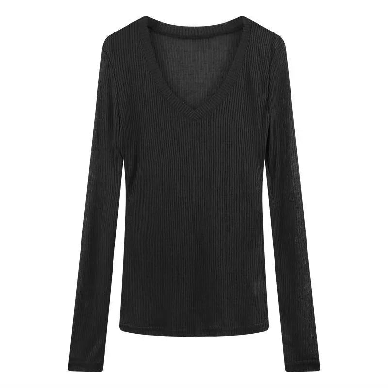 NUOMICI Sexy Gray Long-sleeve T-shirt Women V-neck Slightly Transparent Slim Fit Black Women's Top Korean Popular Clothes Chic