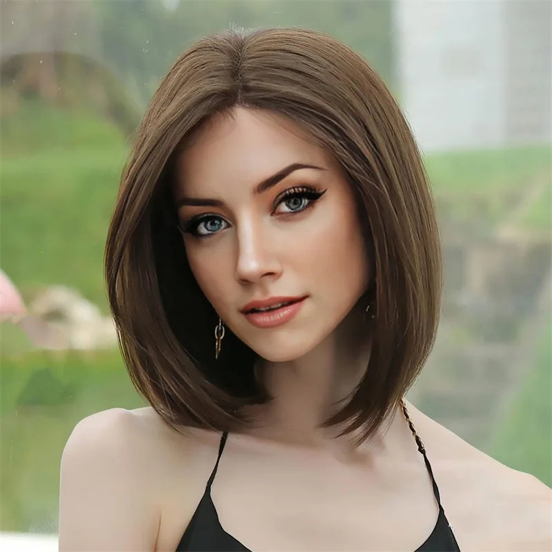 Black Synthetic Wig Shoulder Length Bob Wig For Women In The Middle Part of The Straight Hair Natural Heat-Resistant Head Cover