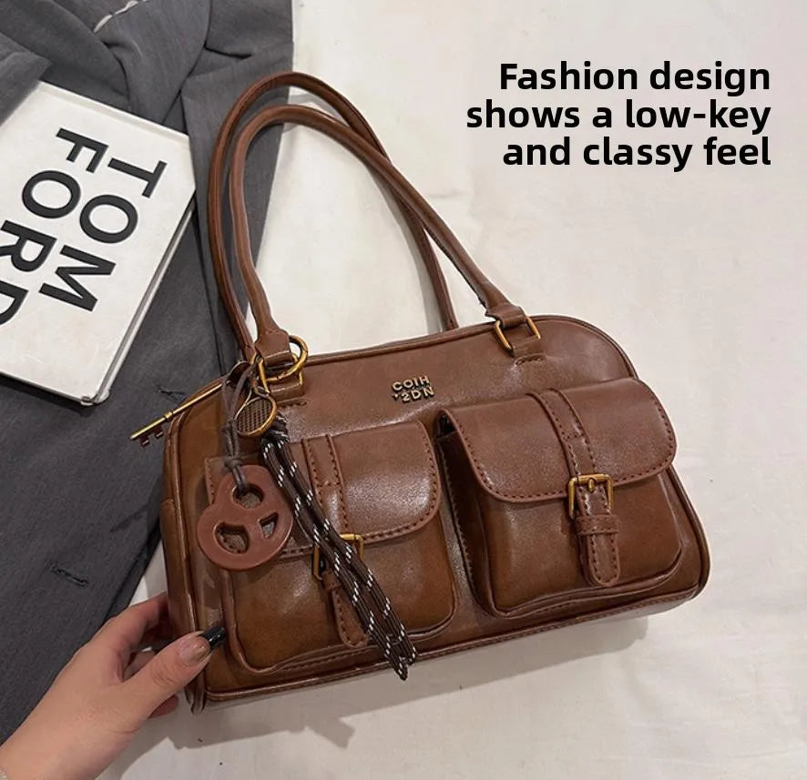 Women's Coffee Brown Multi-Pocket Handbag Shoulder Bag, Stylish Versatile Letter Crossbody Purse for Travel Work Shopping Dates