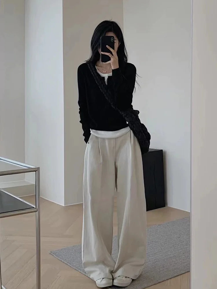 Y2k Black Fake Two Pieces Long Sleeves Shirt Women Autumn Irregular Patchwork Tops Slim-fit Bottom Knit Shirts Aesthetic Clothes